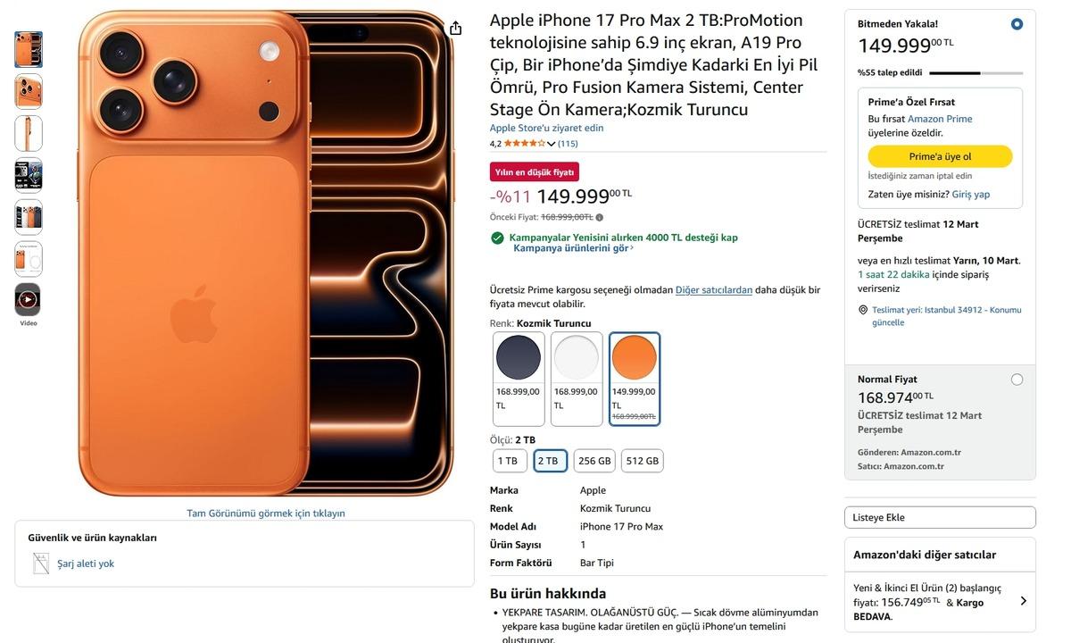 Amazon Bahar İndirimi: iPhone 17 Pro Max 2 TB Fiyatı 20 Bin TL’ye Yakın Düştü (Stoklar Azalıyor) - Görsel 1